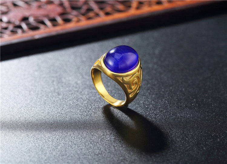 Planderful Gold Plated Bluestone Ring Unisex Titanium Steel Protection Statement Jewelry