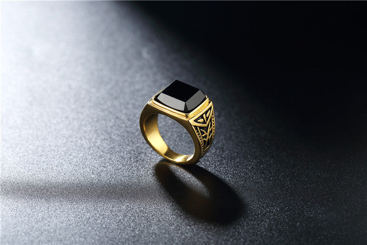 Titanium Steel Ring With Black Stone For Men And Unisex Bold Retro Protection Statement Planderful Everyday Genie