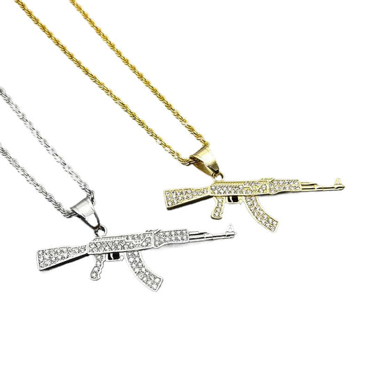 Planderful Collection AK47 Rifle Pendant Necklace Gold Plated Titanium Zircon Urban Hip Hop Gift For Men Women