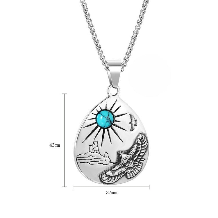 Planderful Blue Turquoise Vintage Eagle Pendant Necklace Titanium Steel Unisex Protection Statement Jewelry
