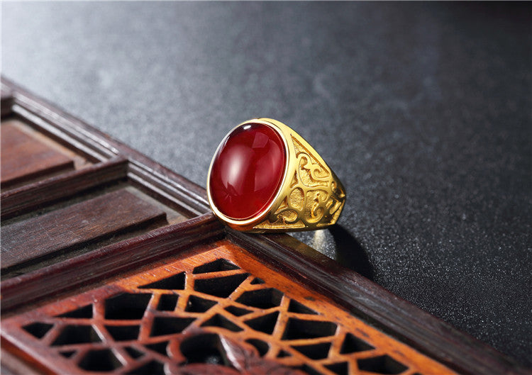 Planderful Opal Stone Ring Unisex Gold Plated Titanium Steel Durable Vintage Protection