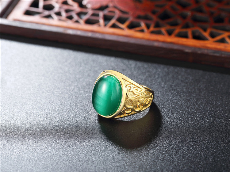Planderful Opal Stone Ring Unisex Gold Plated Titanium Steel Durable Vintage Protection