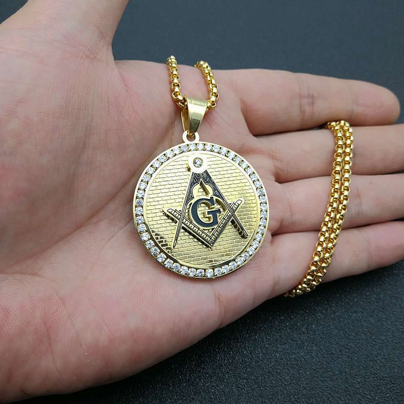 Planderful Freemason Pendant Necklace Gold Plated Titanium Steel With Micro Inlaid Zircon For Freemason Enthusiasts