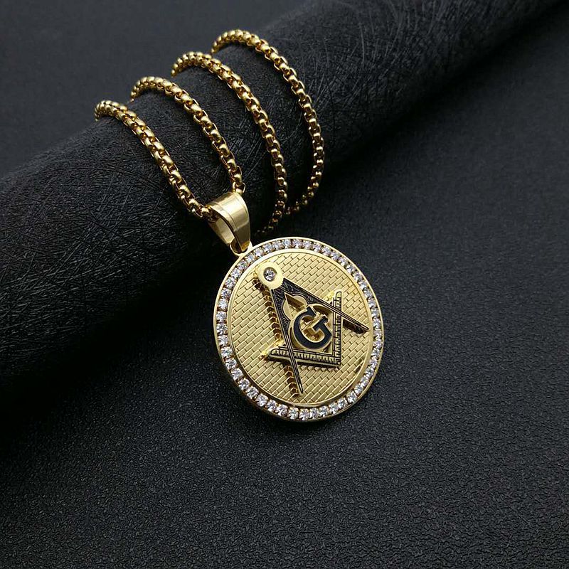 Planderful Freemason Pendant Necklace Gold Plated Titanium Steel With Micro Inlaid Zircon For Freemason Enthusiasts