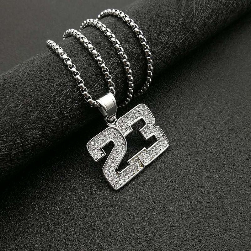 Planderful Hip Hop Necklace For Men And Women Premium Titanium Steel Gold Plated Zircon 23 Digital Basketball Pendant
