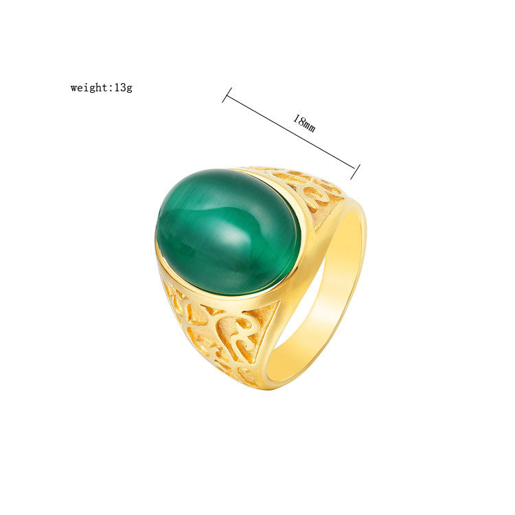 Planderful Opal Stone Ring Unisex Gold Plated Titanium Steel Durable Vintage Protection