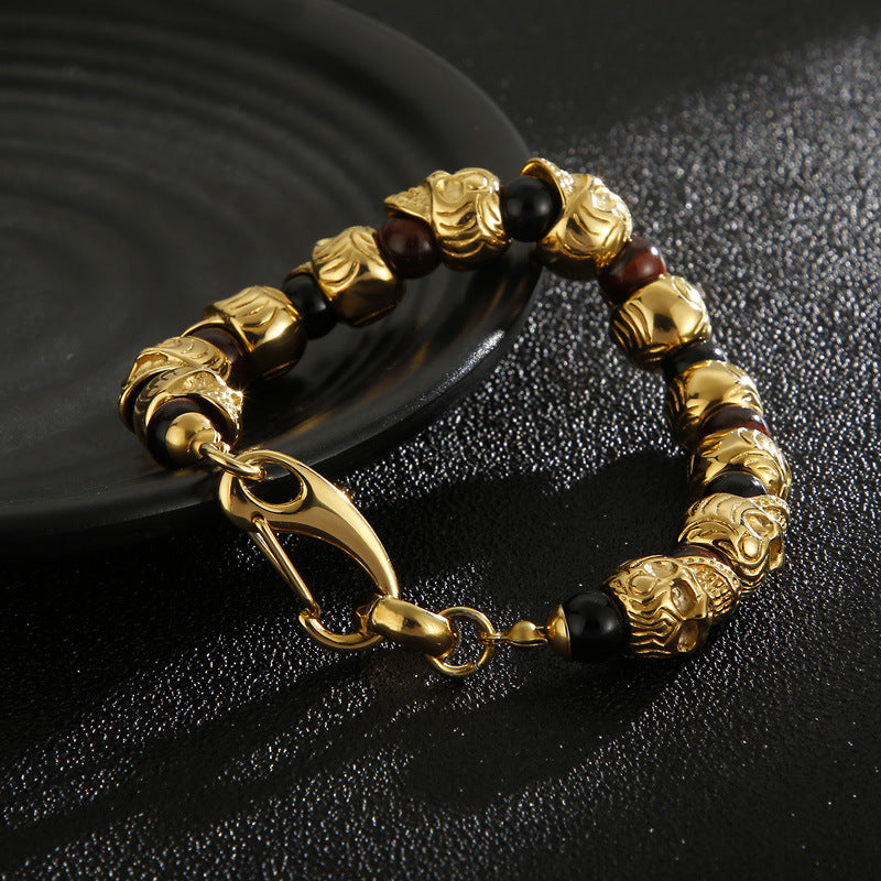 Titanium Steel Skull Bracelet – Tiger's Eye Stone Volcanic Stone Men's Bracelet