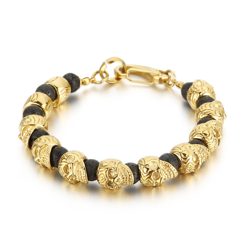 Titanium Steel Skull Bracelet – Tiger's Eye Stone Volcanic Stone Men's Bracelet