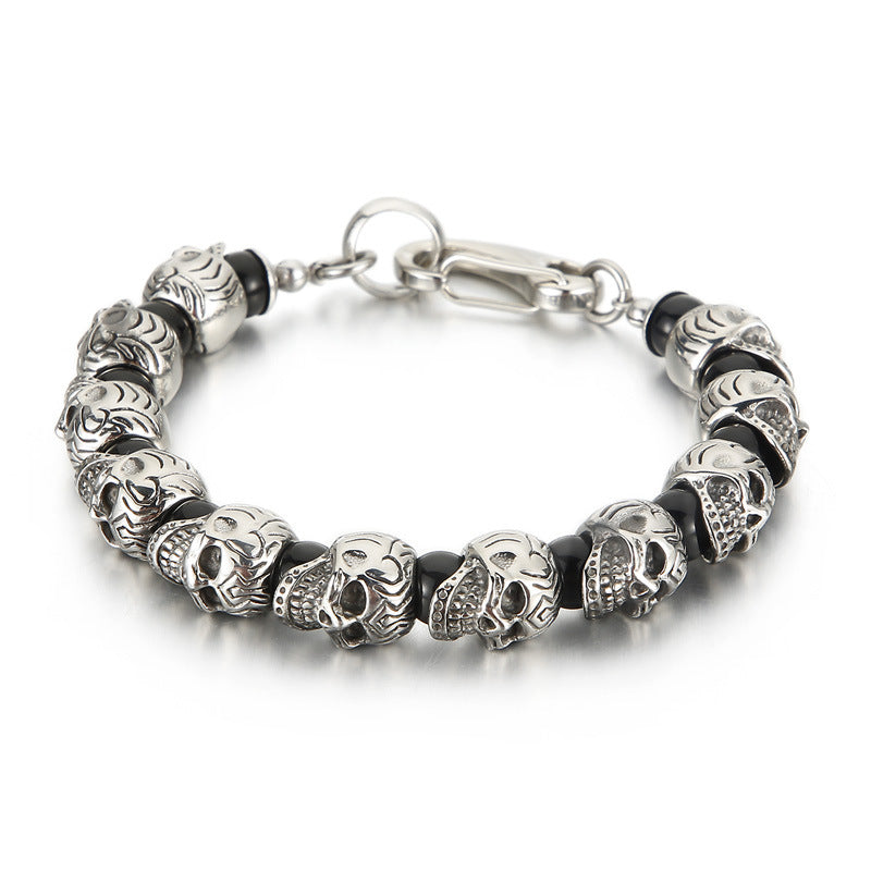 Titanium Steel Skull Bracelet – Tiger's Eye Stone Volcanic Stone Men's Bracelet