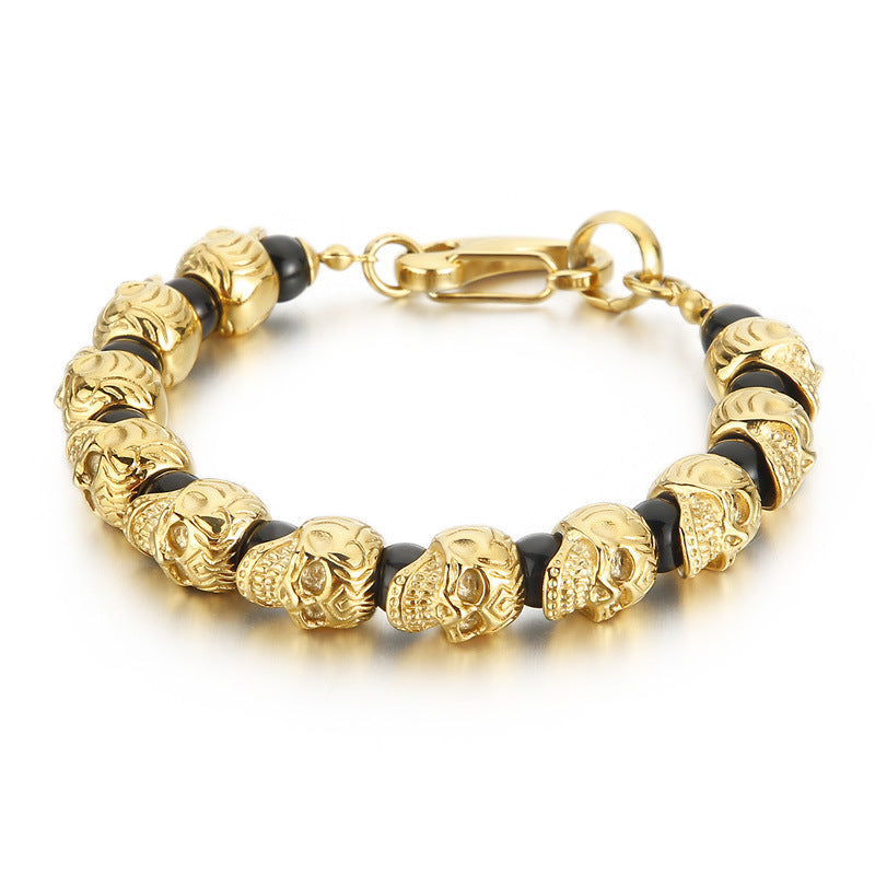 Titanium Steel Skull Bracelet – Tiger's Eye Stone Volcanic Stone Men's Bracelet