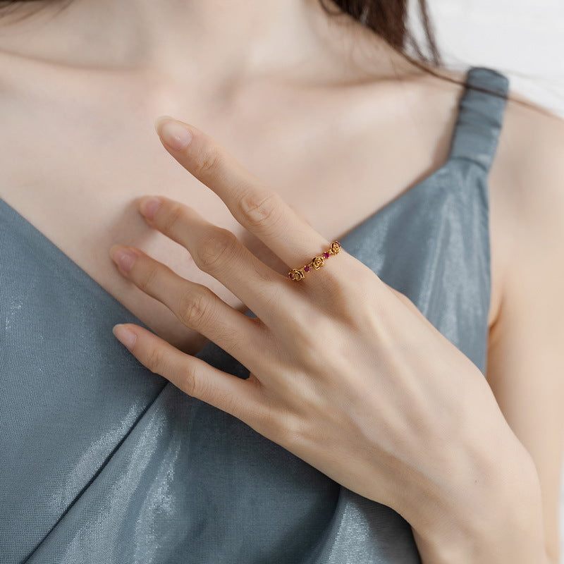 Red Corundum Rose Opening Sterling Silver Ring