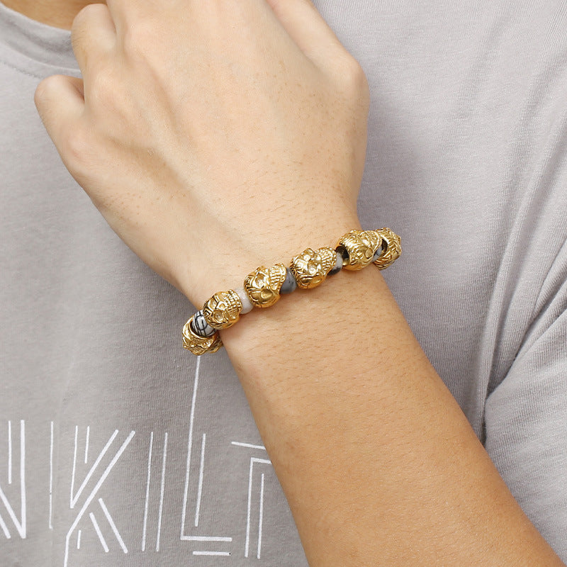 Titanium Steel Skull Bracelet – Tiger's Eye Stone Volcanic Stone Men's Bracelet