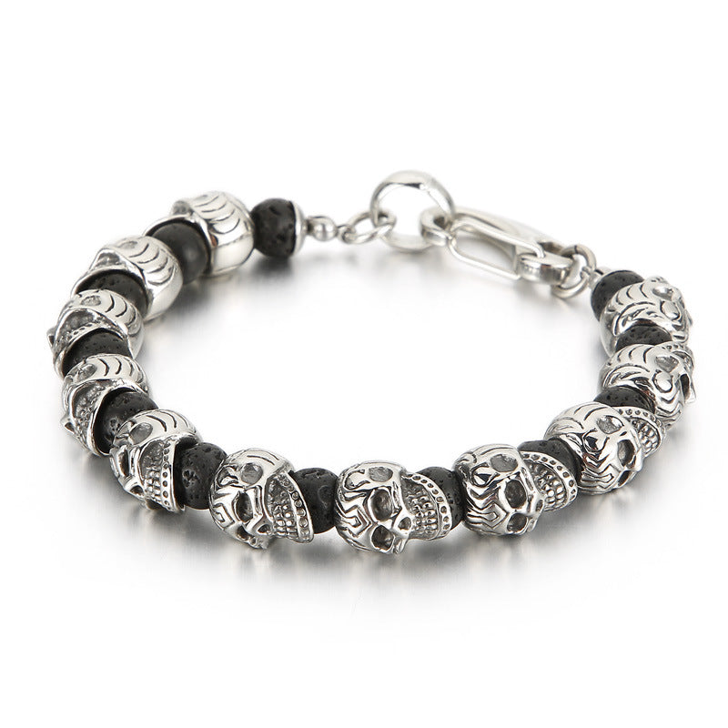 Titanium Steel Skull Bracelet – Tiger's Eye Stone Volcanic Stone Men's Bracelet