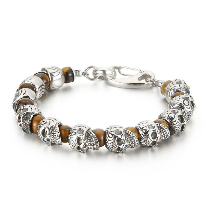 Titanium Steel Skull Bracelet – Tiger's Eye Stone Volcanic Stone Men's Bracelet