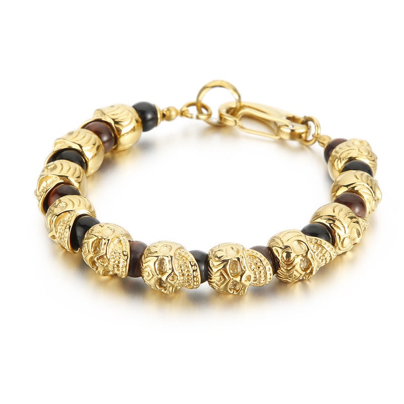 Titanium Steel Skull Bracelet – Tiger's Eye Stone Volcanic Stone Men's Bracelet