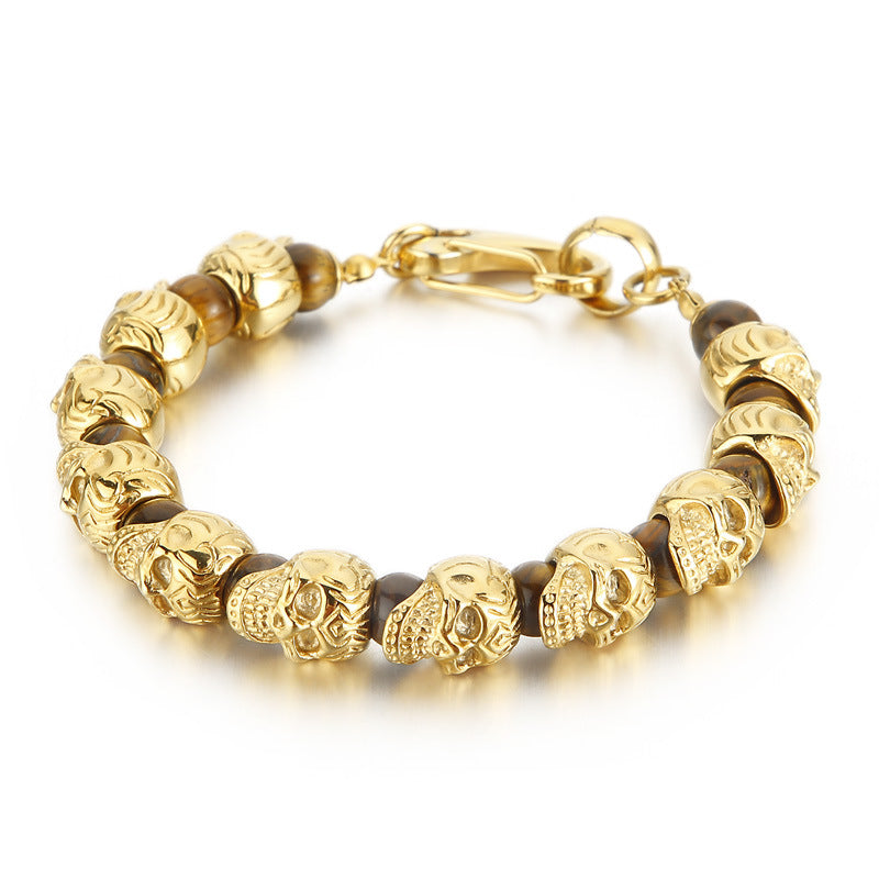 Titanium Steel Skull Bracelet – Tiger's Eye Stone Volcanic Stone Men's Bracelet
