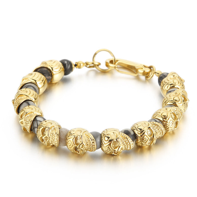 Titanium Steel Skull Bracelet – Tiger's Eye Stone Volcanic Stone Men's Bracelet