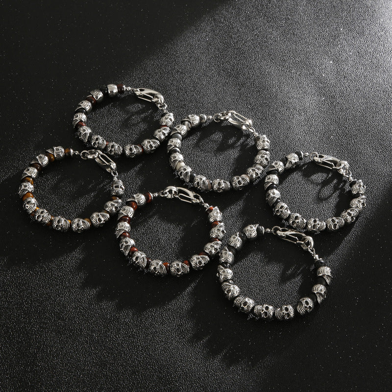 Titanium Steel Skull Bracelet – Tiger's Eye Stone Volcanic Stone Men's Bracelet