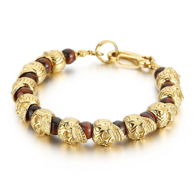 Titanium Steel Skull Bracelet – Tiger's Eye Stone Volcanic Stone Men's Bracelet