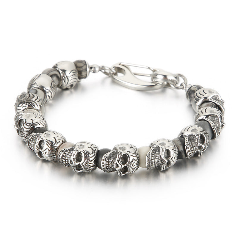 Titanium Steel Skull Bracelet – Tiger's Eye Stone Volcanic Stone Men's Bracelet