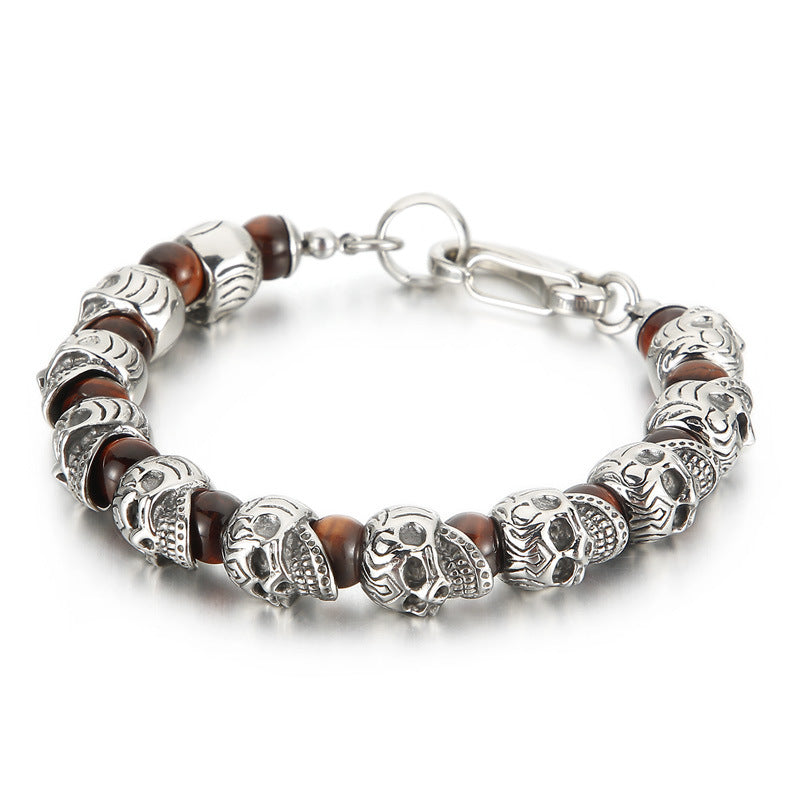 Titanium Steel Skull Bracelet – Tiger's Eye Stone Volcanic Stone Men's Bracelet