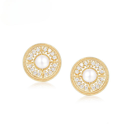 Zircon Disc Round Natural Freshwater Pearl Golden Sterling Silver Stud Earrings