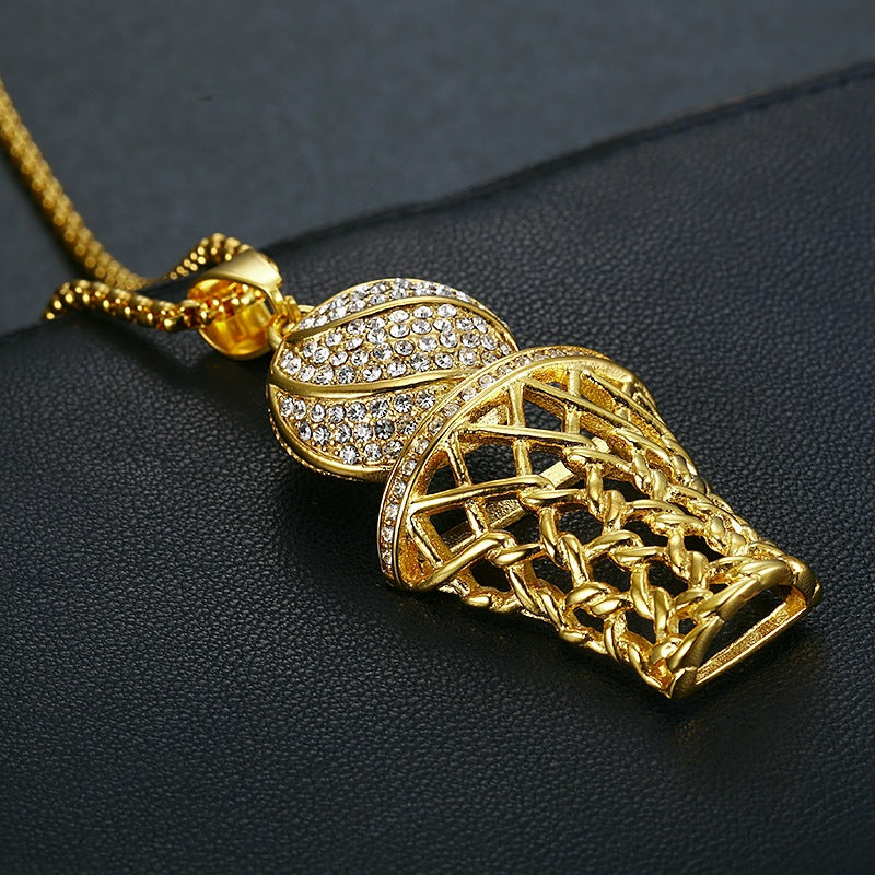 Planderful Everyday Genie Hip Hop Necklace With Gold Plated Rhinestone Basketball Net Pendant