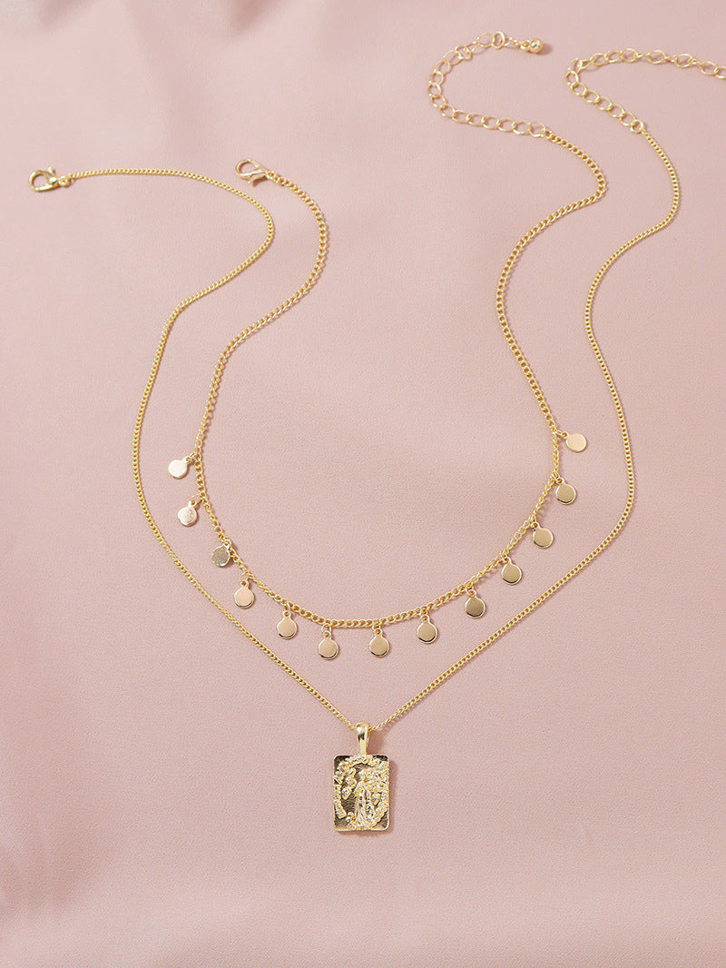 Fashionable Geometric Square Gold Coin Pendant Necklace Set for Women, Elegant Accessories from Europe and America