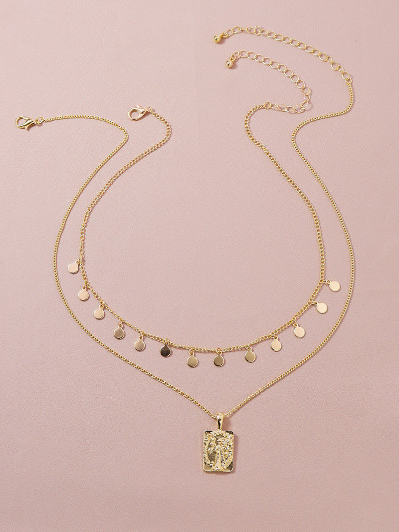 Fashionable Geometric Square Gold Coin Pendant Necklace Set for Women, Elegant Accessories from Europe and America
