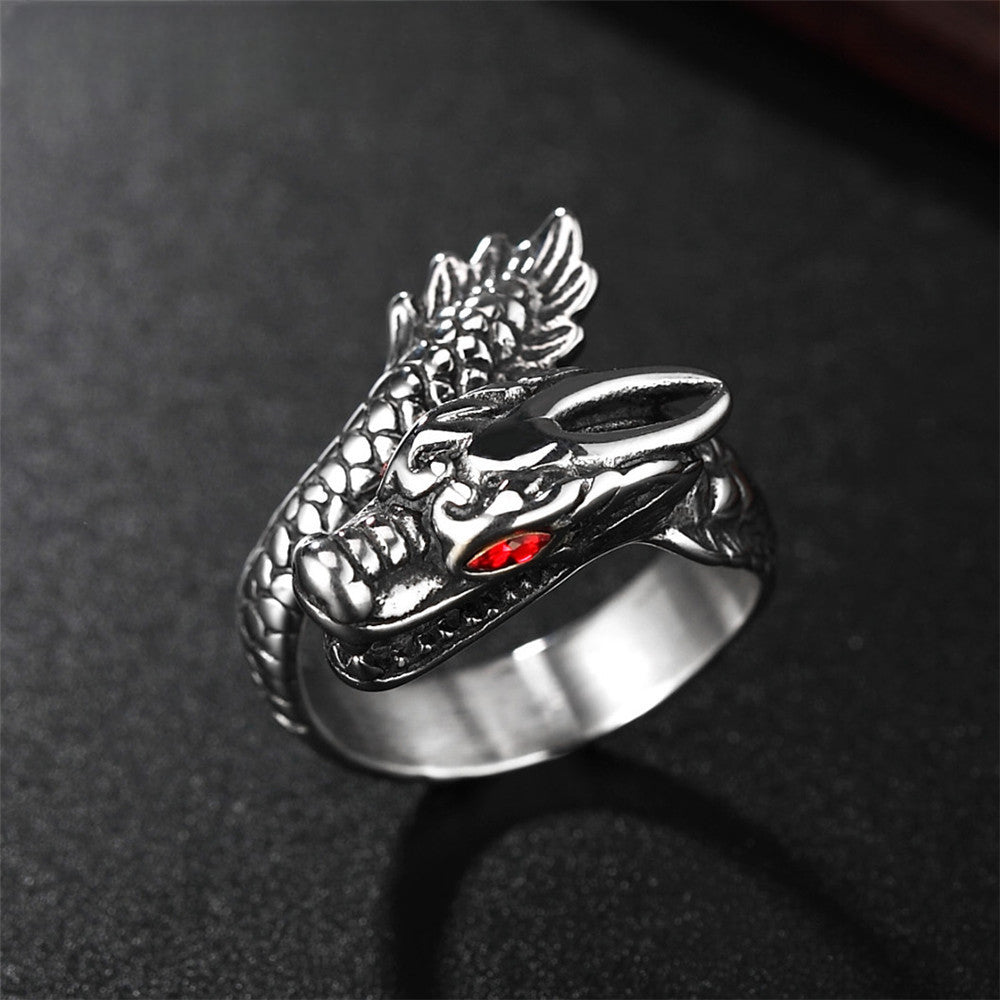 Red Eye Zircon Chinese Dragon Titanium Steel Ring for Men