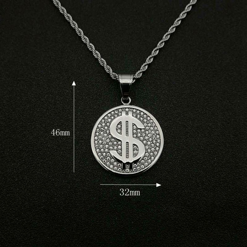 Steel Necklace – Statement Hip Hop Dollar Pendant Gold Plated Steel Everyday Genie Collection