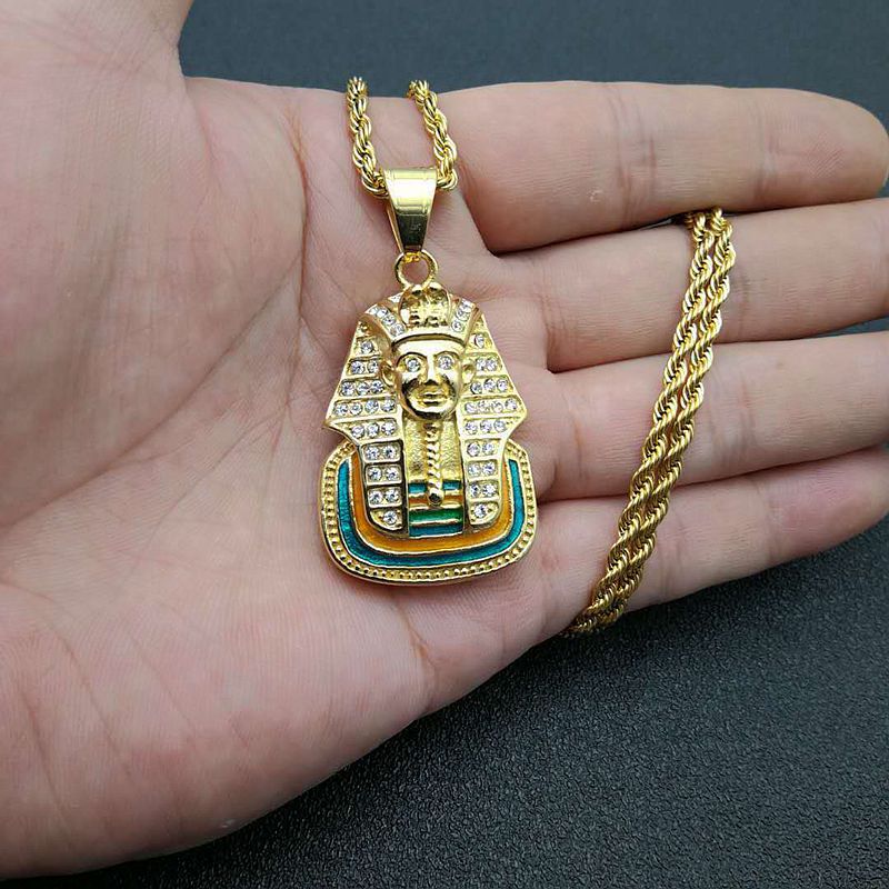 Planderful Hip Hop Pharaoh Pendant Necklace Gold Plated Rhinestones Bold Egyptian Style Jewelry For Fans