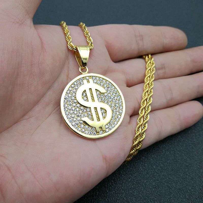 Steel Necklace – Statement Hip Hop Dollar Pendant Gold Plated Steel Everyday Genie Collection