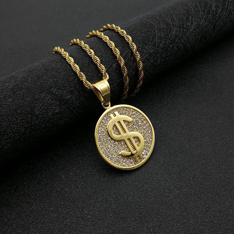 Steel Necklace – Statement Hip Hop Dollar Pendant Gold Plated Steel Everyday Genie Collection