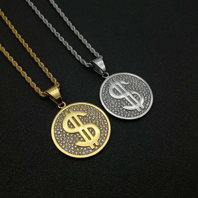 Steel Necklace – Statement Hip Hop Dollar Pendant Gold Plated Steel Everyday Genie Collection