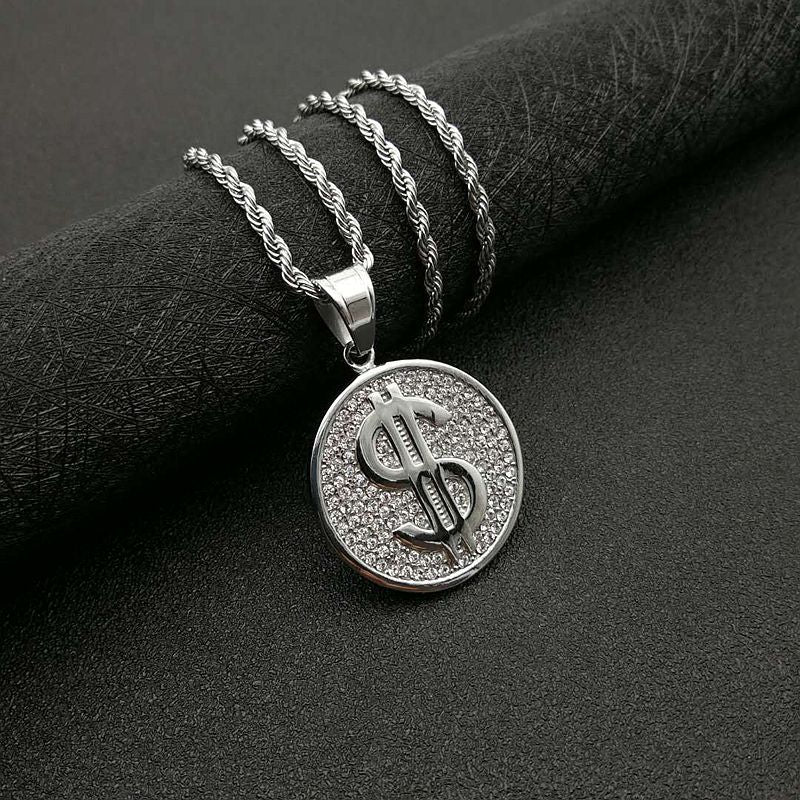 Steel Necklace – Statement Hip Hop Dollar Pendant Gold Plated Steel Everyday Genie Collection