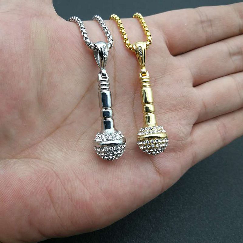 Planderful Hip Hop Microphone Pendant Necklace Premium Titanium Steel Gold Plated Zircon Jewelry For Urban Fans