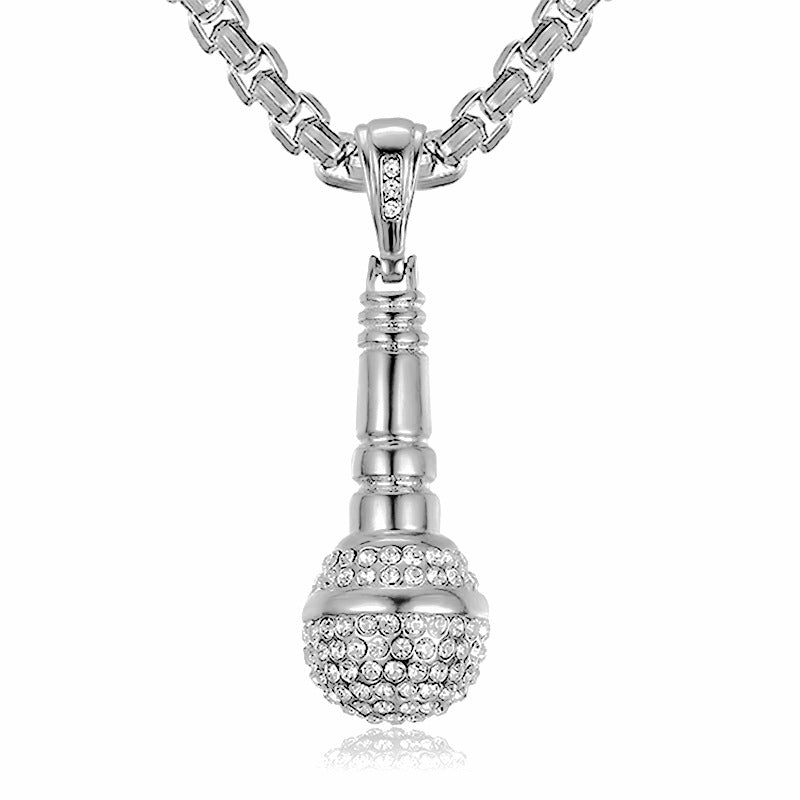 Planderful Hip Hop Microphone Pendant Necklace Premium Titanium Steel Gold Plated Zircon Jewelry For Urban Fans
