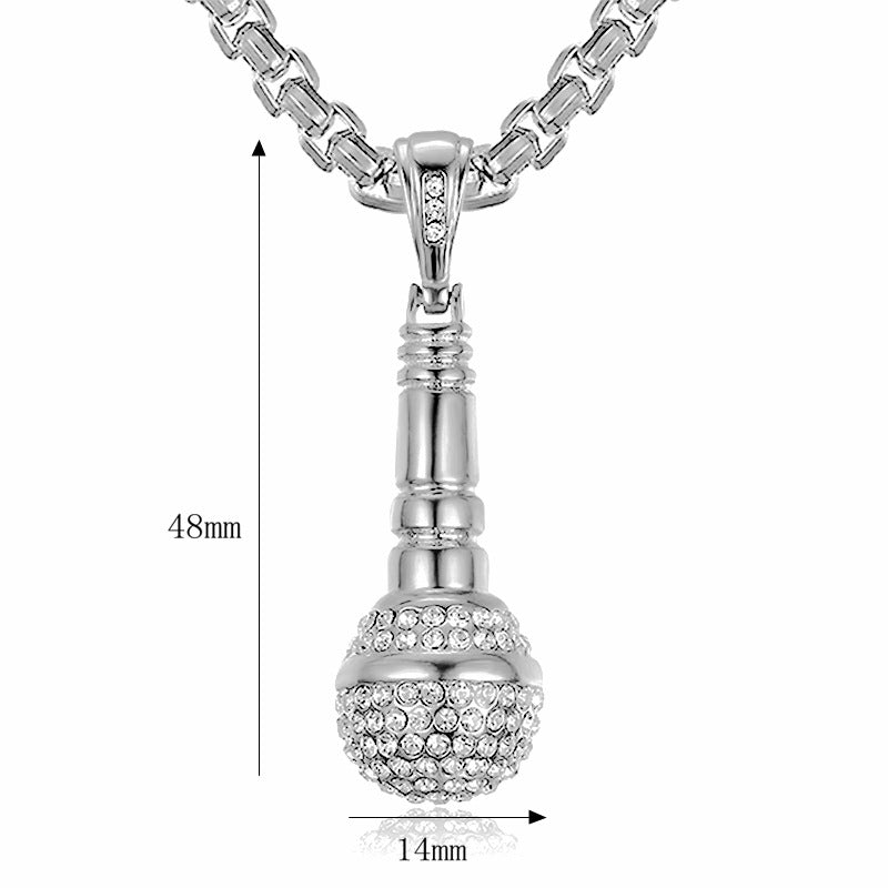 Planderful Hip Hop Microphone Pendant Necklace Premium Titanium Steel Gold Plated Zircon Jewelry For Urban Fans