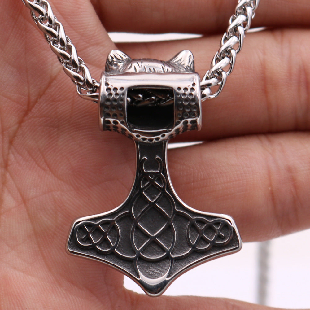 Norse Legacy Thunder Hammer Bear Necklace - Retro Viking Pendant for Men