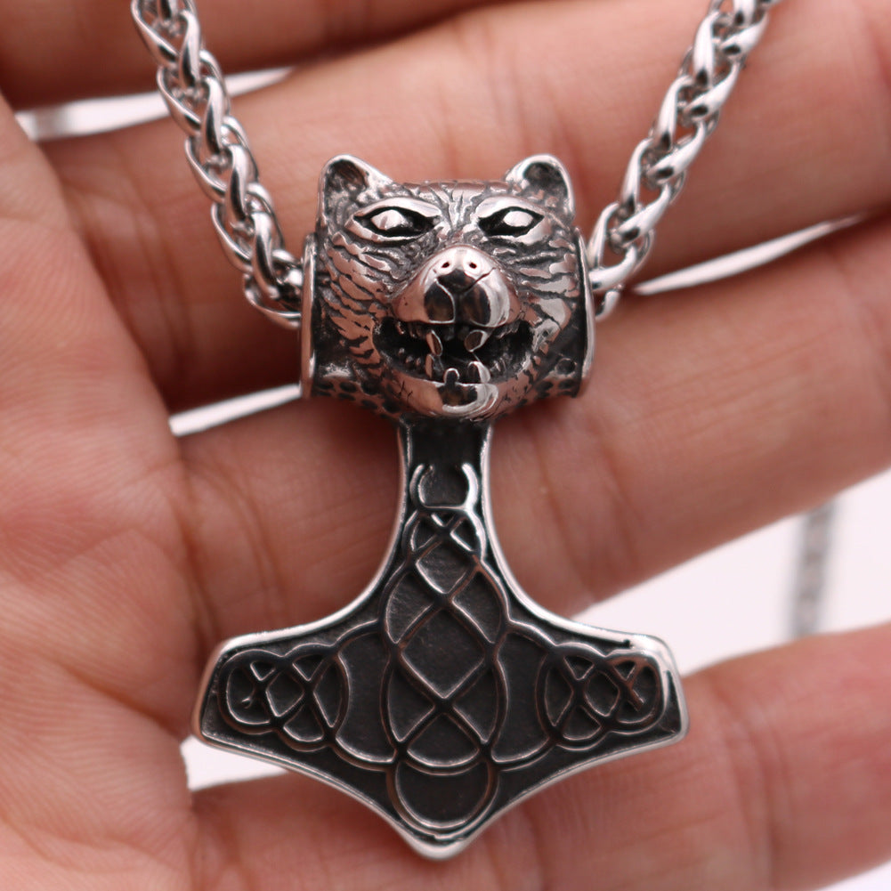 Norse Legacy Thunder Hammer Bear Necklace - Retro Viking Pendant for Men