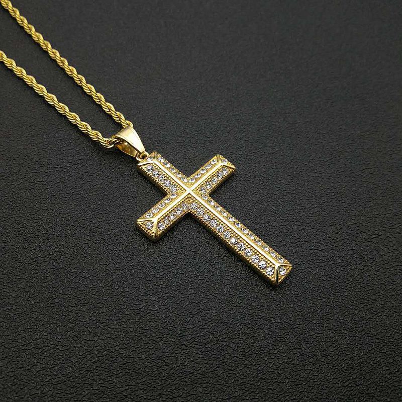 Planderful Everyday Genie Titanium Steel Gold Plated Zircon Cross Pendant Necklace For Men And Women