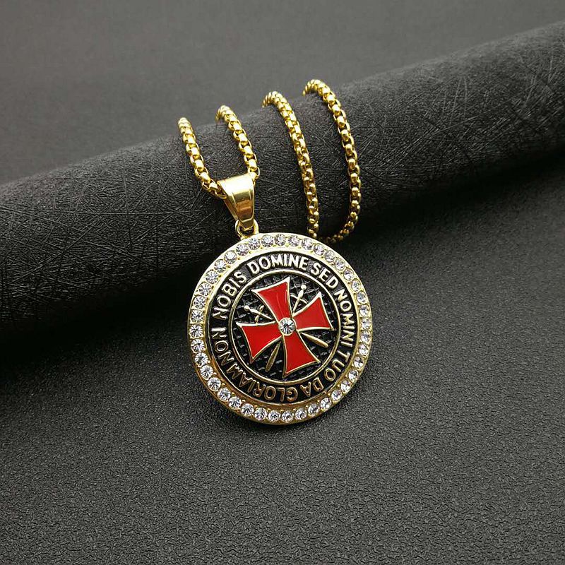Planderful Knights Templar Pendant Necklace Bold Gold Plated Zircon for Hip Hop Fashion Fans