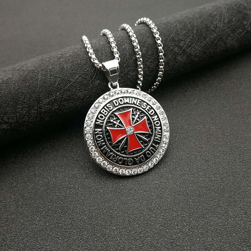 Planderful Knights Templar Pendant Necklace Bold Gold Plated Zircon for Hip Hop Fashion Fans