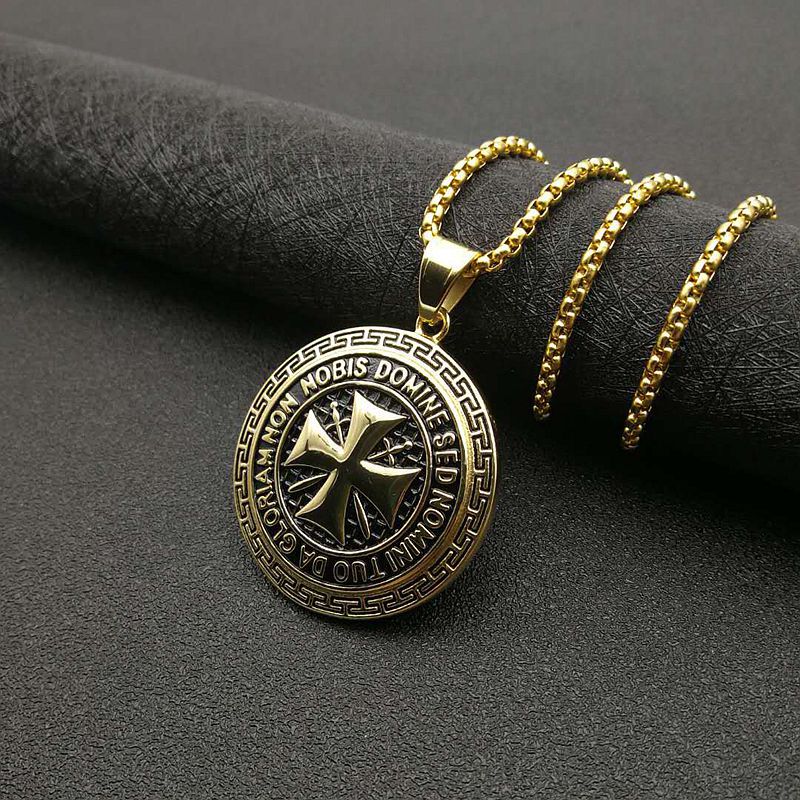 Planderful Knights Templar Pendant Necklace Stainless Steel Gold Plated Zircon Hip Hop Jewelry for Men