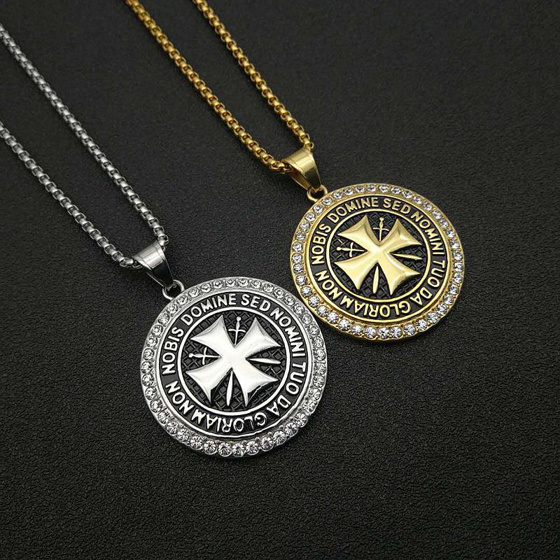 Planderful Knights Templar Pendant Necklace Stainless Steel Gold Plated Zircon Hip Hop Jewelry for Men