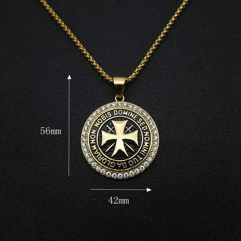 Planderful Knights Templar Pendant Necklace Stainless Steel Gold Plated Zircon Hip Hop Jewelry for Men