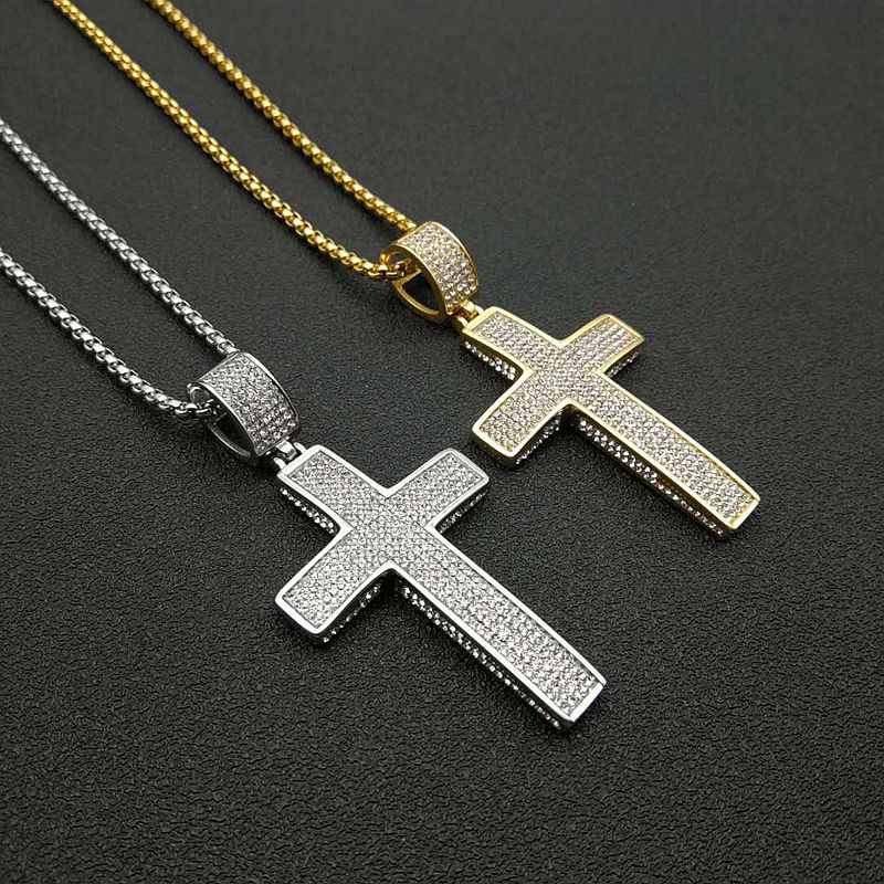 Planderful Hip Hop Cross Pendant Necklace For Streetwear Fans Gold Plated Stainless Steel Rhinestone Jewelry