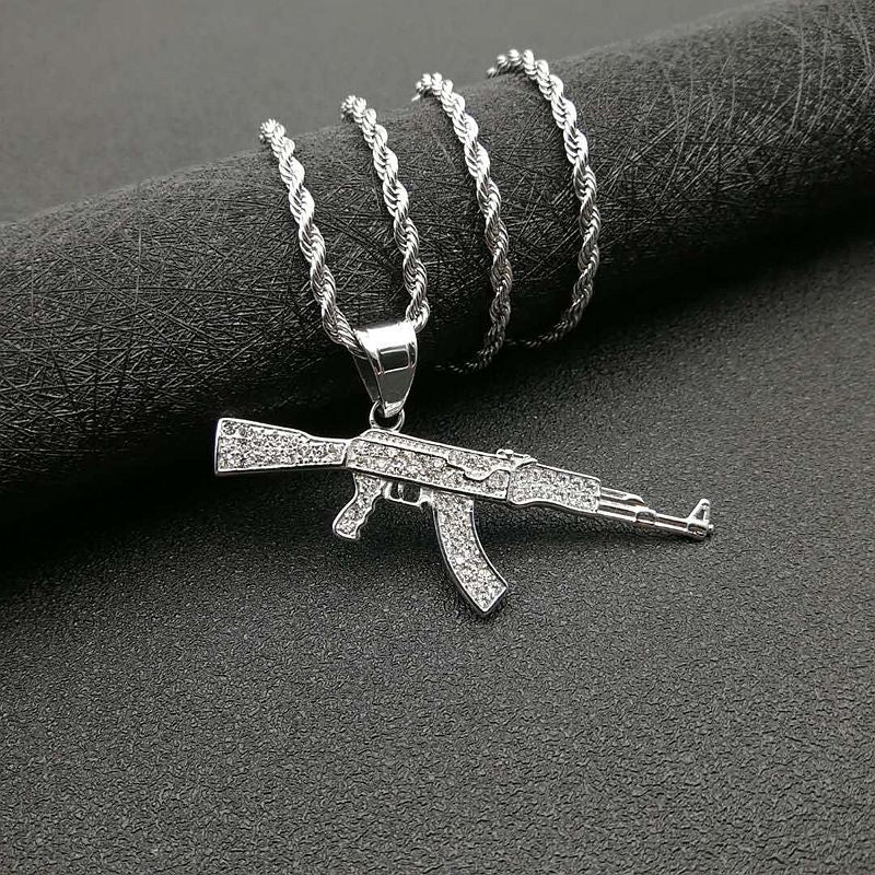Planderful Collection AK47 Rifle Pendant Necklace Gold Plated Titanium Zircon Urban Hip Hop Gift For Men Women