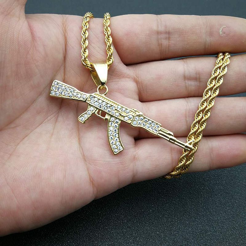 Planderful Collection AK47 Rifle Pendant Necklace Gold Plated Titanium Zircon Urban Hip Hop Gift For Men Women